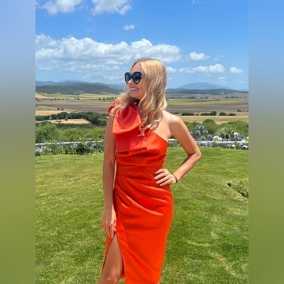 LAVISH Alice Bow-Shoulder Satin Midi-Dress In Coral Red - Picture 7 of 7